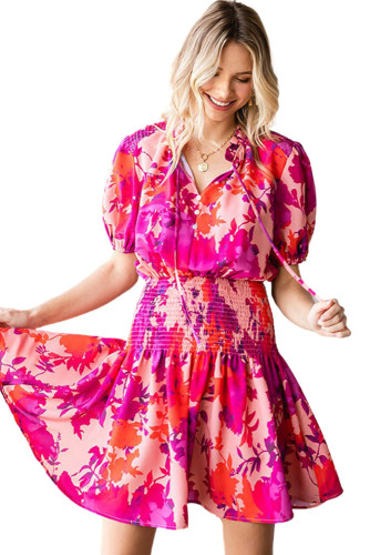 Rose Floral Smocked Waist Bubble Sleeve Flare Dress LC6114692-6