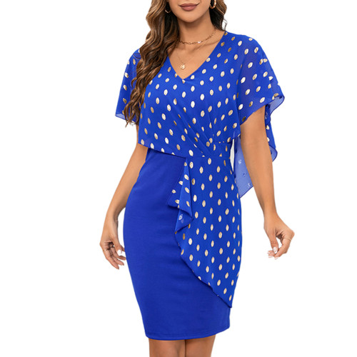 Blue Polka Dot Chiffon V Neck Slit Midi Dress TQK311553-5