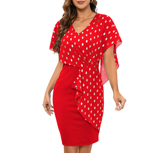 Red Polka Dot Chiffon V Neck Slit Midi Dress TQK311553-3