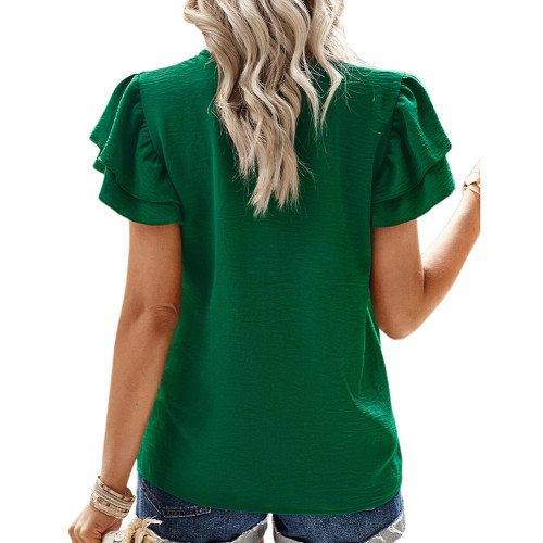 Green Lace V Neck Detail Ruffle Short Sleeve Top TQX210279-9