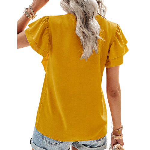 Yellow Lace V Neck Detail Ruffle Short Sleeve Top TQX210279-7