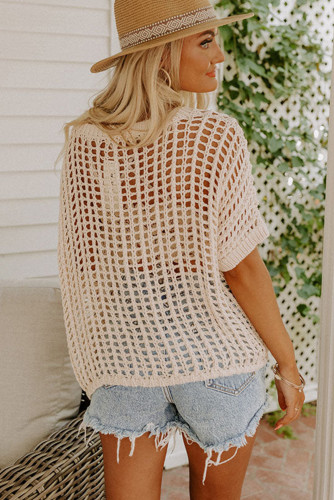 Apricot Fishnet Knit Ribbed Round Neck Short Sleeve Sweater Tee LC277006-18