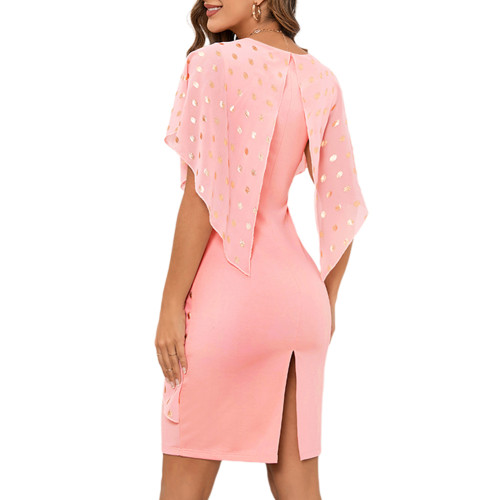 Pink Polka Dot Chiffon V Neck Slit Midi Dress TQK311553-10