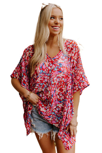 Red Abstract Floral Print Oversize Tunic Top LC25120553-3