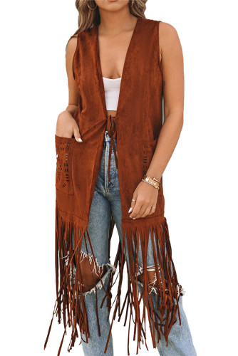 Brown Faux Suede Cowgirl Fringed Sleeveless Long Cardigan LC853232-17