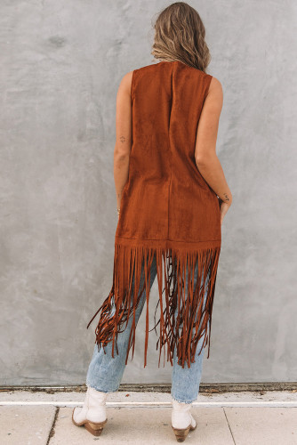 Brown Faux Suede Cowgirl Fringed Sleeveless Long Cardigan LC853232-17