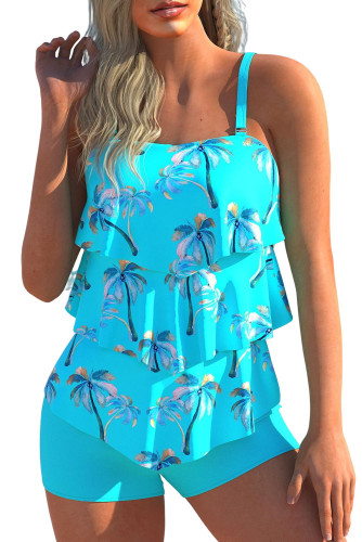 Sky Blue Coconut Tree Print Layered Tankini 2pcs Swimsuit  LC415857-4