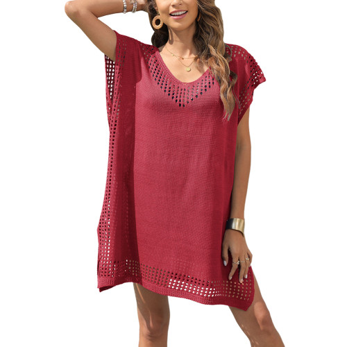 Rust Red Hollow-out Spliced V Neck Beach Dress with Slit TQL310064-33