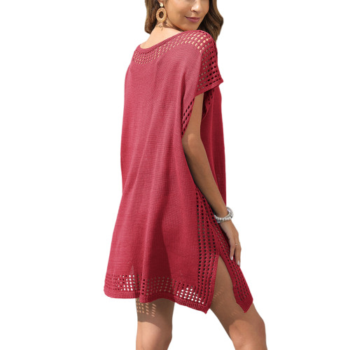 Rust Red Hollow-out Spliced V Neck Beach Dress with Slit TQL310064-33