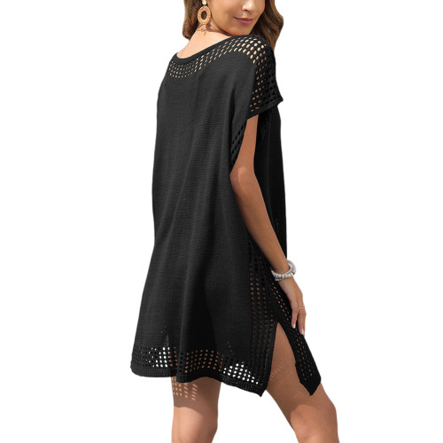 Black Hollow-out Spliced V Neck Beach Dress with Slit TQL310064-2