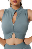 Sky Blue Solid Color Zip up Sleeveless Active Crop Top LC264376-4