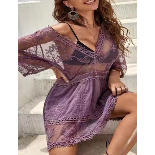 purple 1/2 Sleeve Lace V Neck Beach Cover Dress TQG310028-8