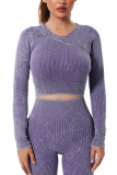 Purple Asymmetric Zipped Ribbed Long Sleeve Yoga Top LC264389-8