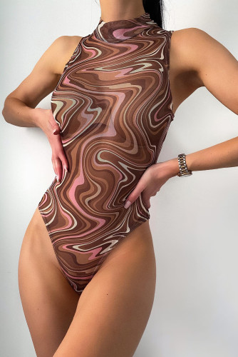 Brown Abstract Swirl High Neck Mesh Sleeveless Bodysuit LC34442-17