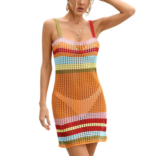 Orange Hollow-out Rainbow Stripe Print Bikini Cover Beach Dress TQL650103-14