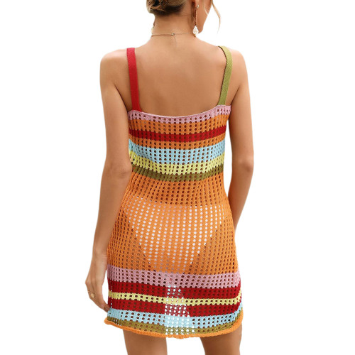 Orange Hollow-out Rainbow Stripe Print Bikini Cover Beach Dress TQL650103-14
