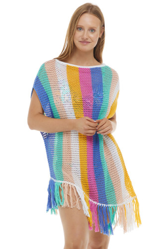 Multicolor Stripe Tasseled Crochet Beach Cover Up LC421701-22