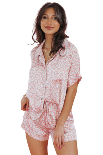 Pink Leopard Satin Shirt and Shorts Pajama Set LC15515-10