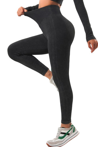 Black Solid Color High Waist Ribbed Yoga Leggings LC265146-2
