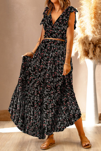 Black Multicolor Floral Ruffled Crop Top and Maxi Skirt Set LC63870-102