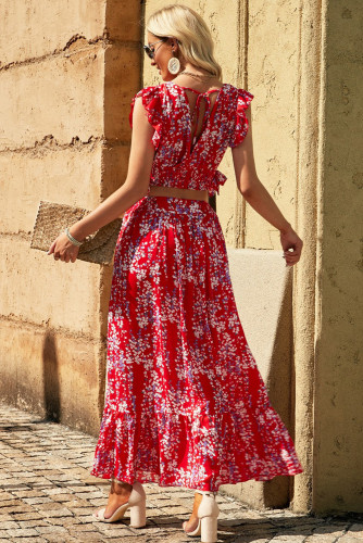 Red Multicolor Floral Ruffled Crop Top and Maxi Skirt Set LC63870-3