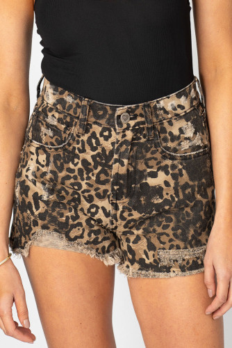 Brown Leopard Print Ripped Denim Shorts LC731311-17