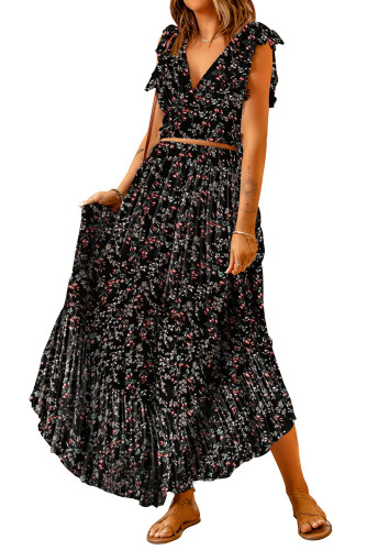 Black Multicolor Floral Ruffled Crop Top and Maxi Skirt Set LC63870-102