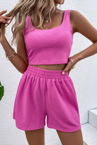 Rose Rib Knitted Sleeveless Crop Top and Elastic Waist Shorts Set LC625022-6