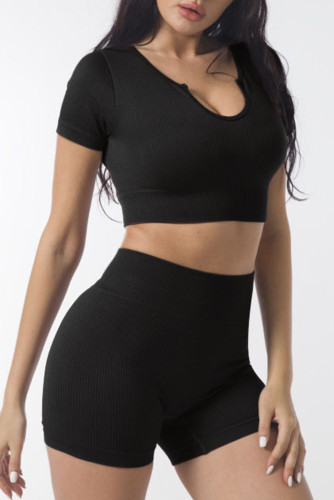 Black Ribbed Short Sleeve Cropped Active Top LC264423-2