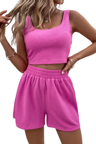 Rose Rib Knitted Sleeveless Crop Top and Elastic Waist Shorts Set LC625022-6