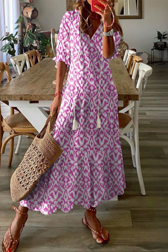 Pink V Neck Casual Geometric Print Maxi Dress LC6114524-10
