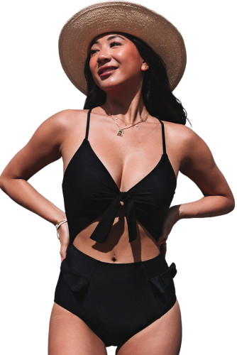 Black Cut Out Knotted Criss Cross One Piece Swimsuit LC443410-2