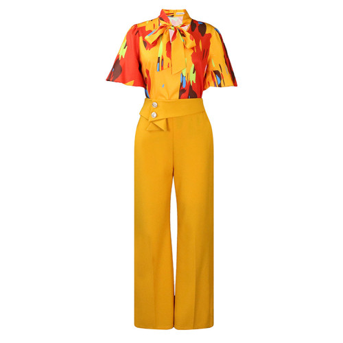 Yellow Red Floral Blouse with Wide Leg Pants Set TQG710004-7