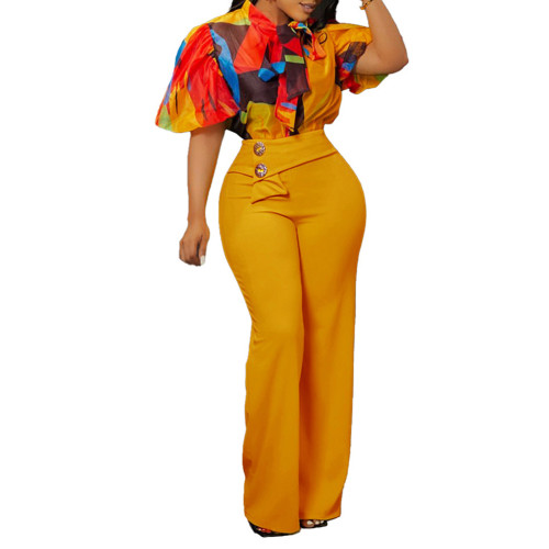 Yellow Red Floral Blouse with Wide Leg Pants Set TQG710004-7