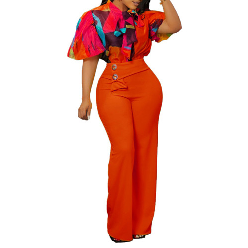 Orange Red Floral Blouse with Wide Leg Pants Set TQG710004-55