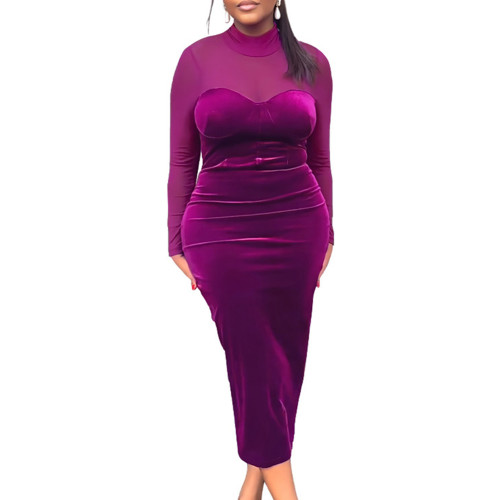 Purple Velvet Spliced Mesh Long Sleeve Bodycon Dress TQH310103-8