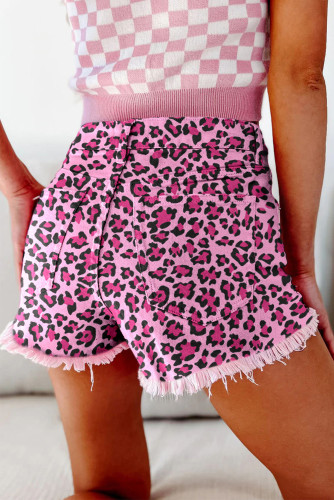 Pink Leopard Print Raw Hem Denim Shorts LC7831298-10