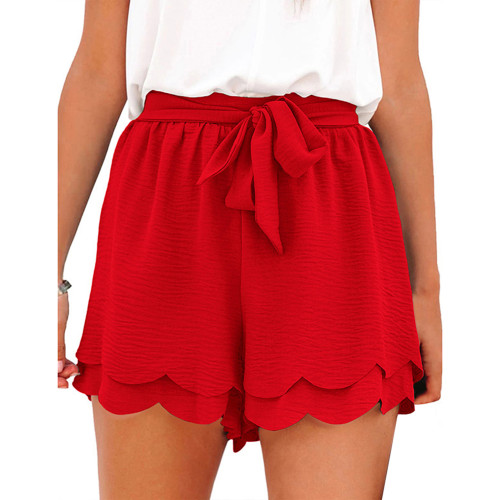 Red Tie Waist Double Layered Petal Casual Shorts TQG530003-3