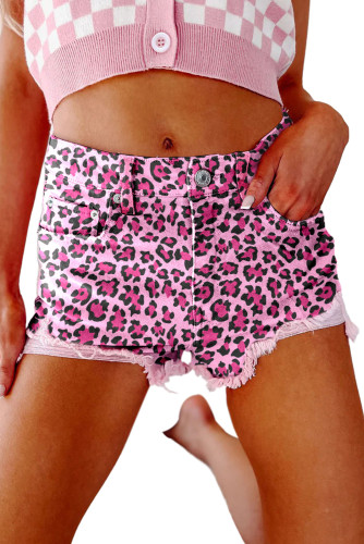 Pink Leopard Print Raw Hem Denim Shorts LC7831298-10