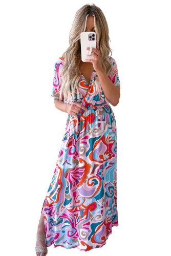 Multicolor Abstract Printed Wrap V Neck Belted Maxi Dress LC6115980-22