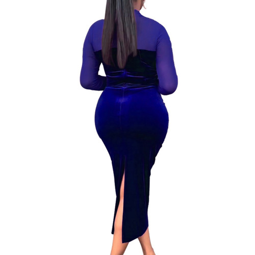 Navy Blue Velvet Spliced Mesh Long Sleeve Bodycon Dress TQH310103-34