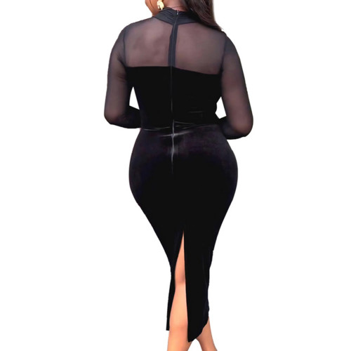Black Velvet Spliced Mesh Long Sleeve Bodycon Dress TQH310103-2