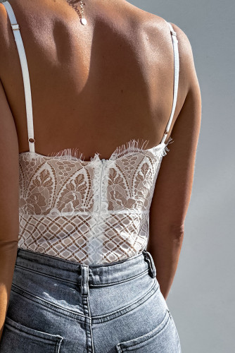 White Lace Crochet V Neck Spaghetti Straps Bodysuit LC6421460-1