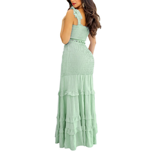 Light Green Pleated Crop Top and Maxi Skirt Set TQH710086-28