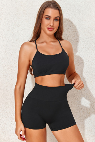 Black Strappy Yoga Bra and Crunched Shorts Set LC2611353-2