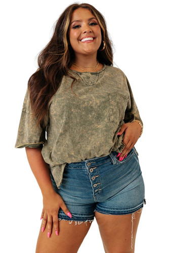 Green Plus Size Mineral Wash Seamed Short Sleeve T Shirt PL252107-9