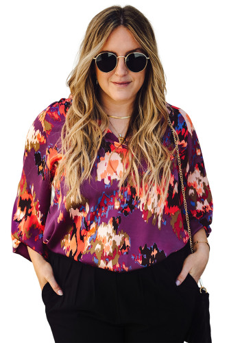 Purple Plus Size Abstract Print V-Neck Long Sleeve Blouse PL251765-8