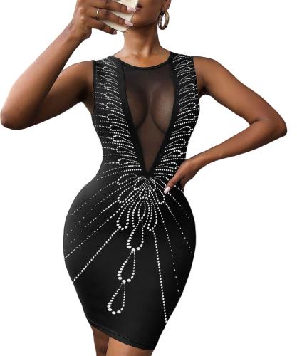 Black Rhinestone Spliced Mesh Sleeveless Bodycon Dress TQG830012-2