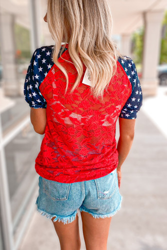 Red Lace Overlay Contrast Star Sleeve Flag Day T Shirt LC25121146-3