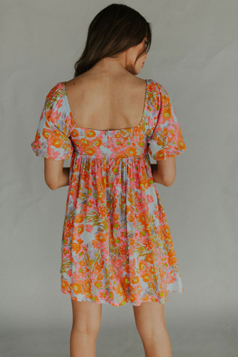 Orange High Waist Square Neck Puff Sleeve Floral Dress LC6115619-14